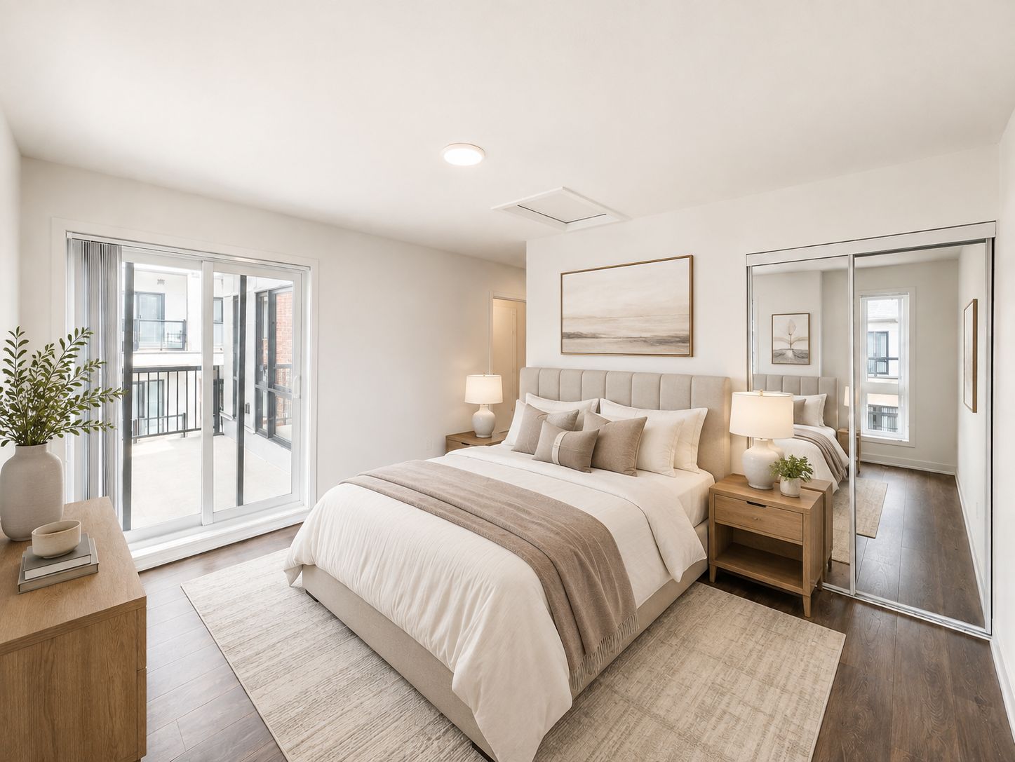 Primary bedroom with balcony access and mirrored closet