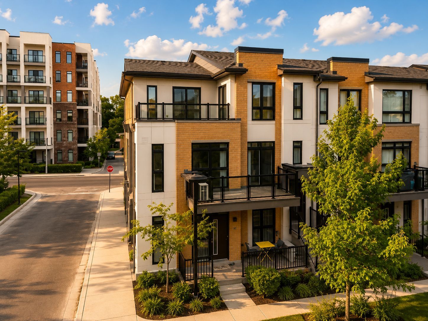 Street-corner exterior view of the townhome building